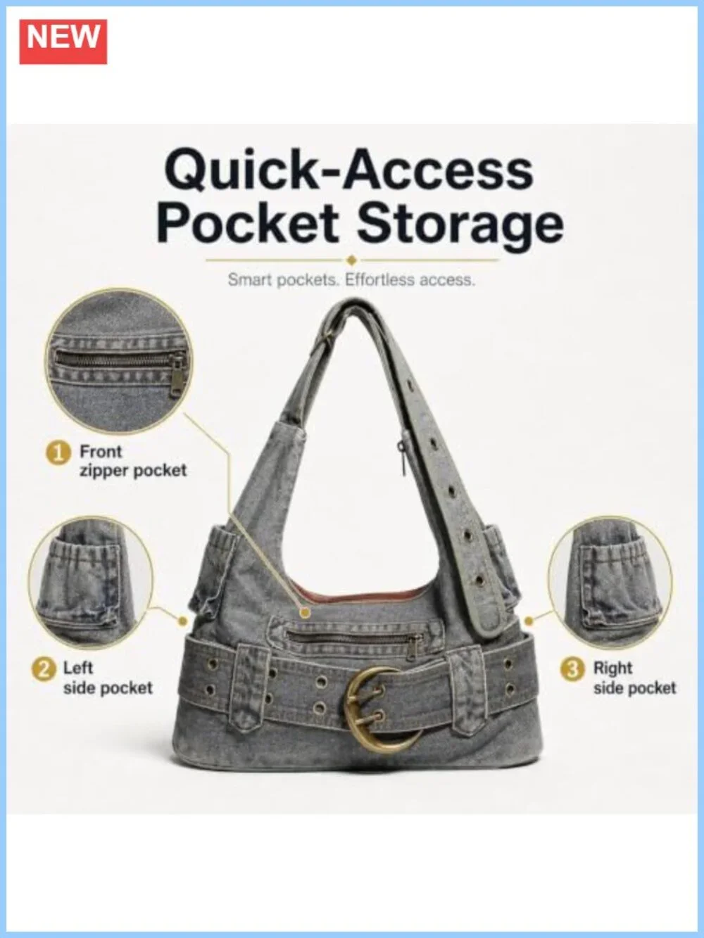 Vintage Washed Denim Hobo Shoulder Bag Y2K Retro Belt Buckle Zipper Pockets